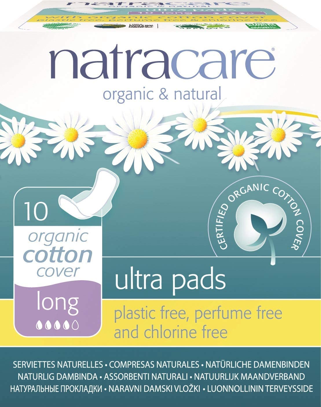 Natracare natural ultra long pads with wings in packaging highlight a plastic-free design for sensitive skin.
