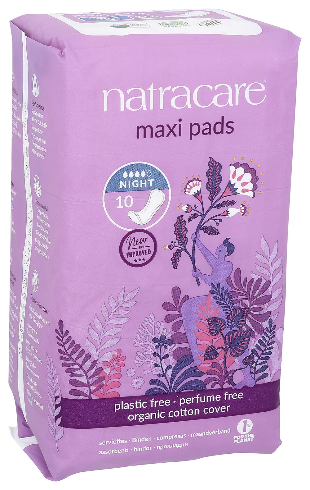 Natracare night-time pad without wings demonstrates wingless overnight protection.