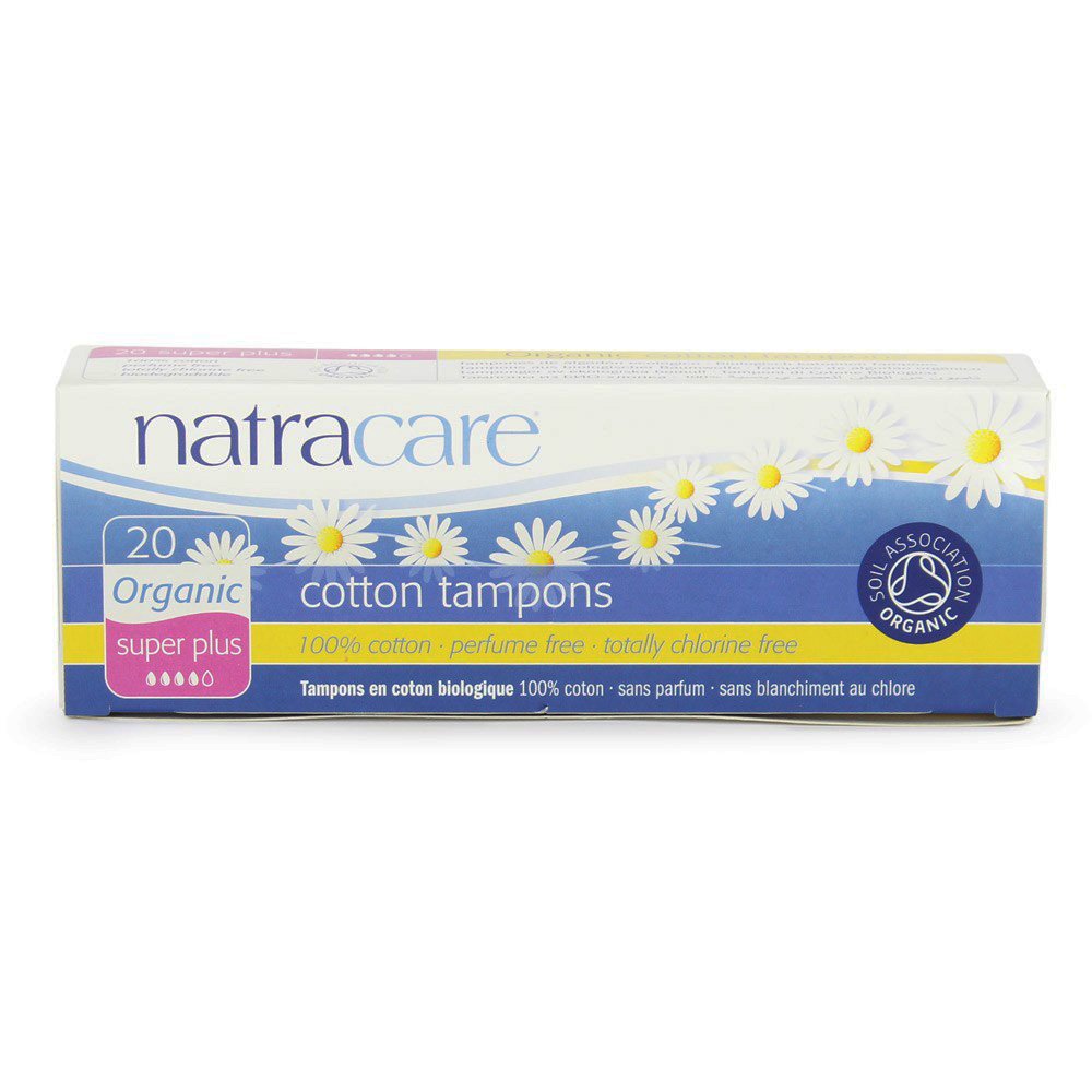Natracare non-applicator tampons in 20-pack packaging—chlorine-free.