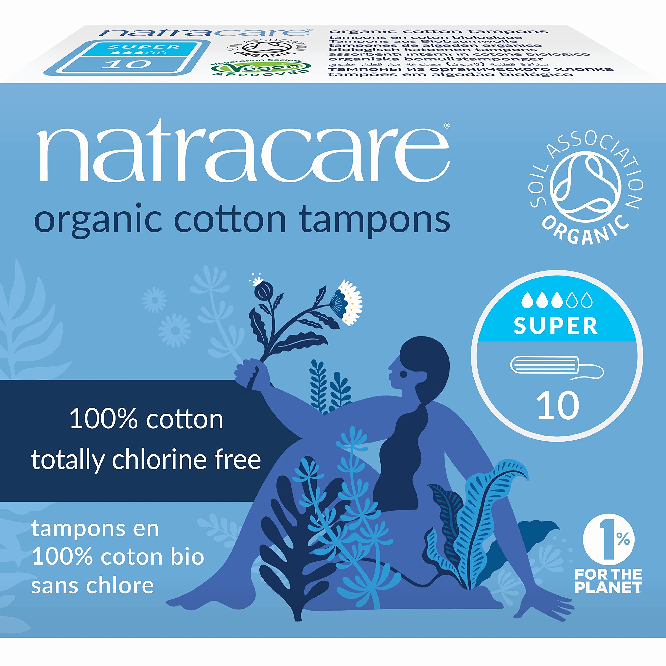 Natracare non-applicator tampon, super size, chlorine-free, gentle on sensitive skin.