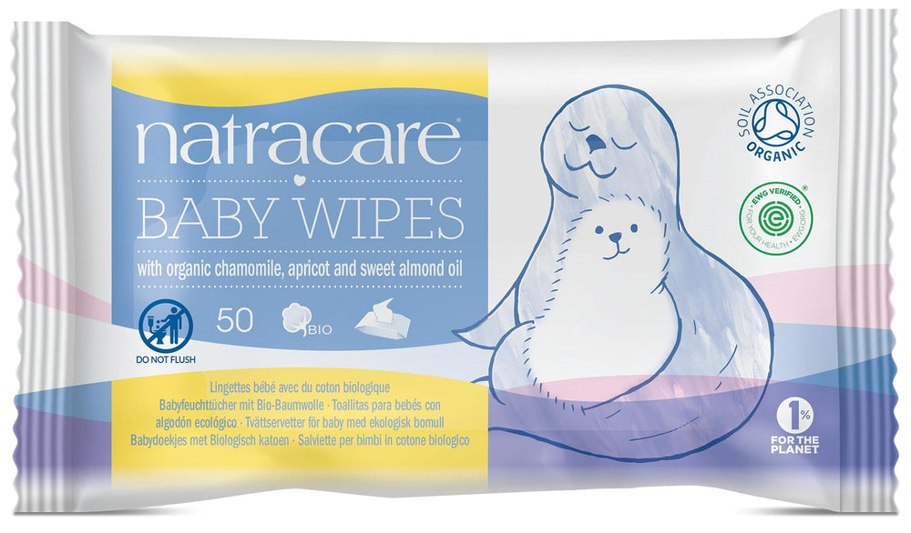 Natracare organic cotton baby wipes packaging highlighting natural ingredients and gentle use