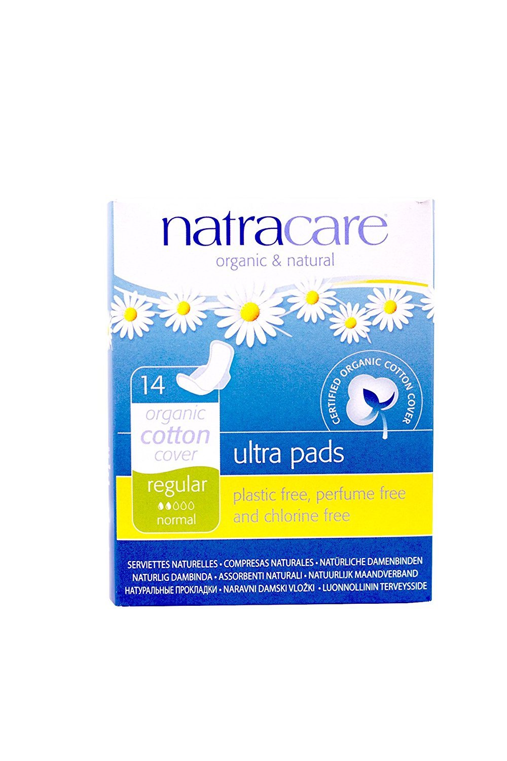 Natracare organic cotton ultra pad with wings for light to moderate flow and comfort.