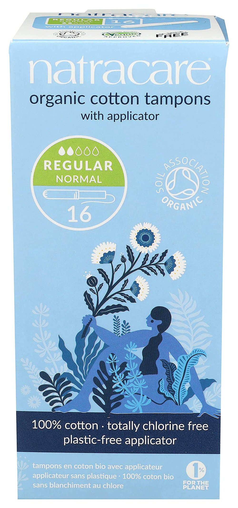 Natracare organic cotton regular tampons with cardboard applicator in a 16-pack box.