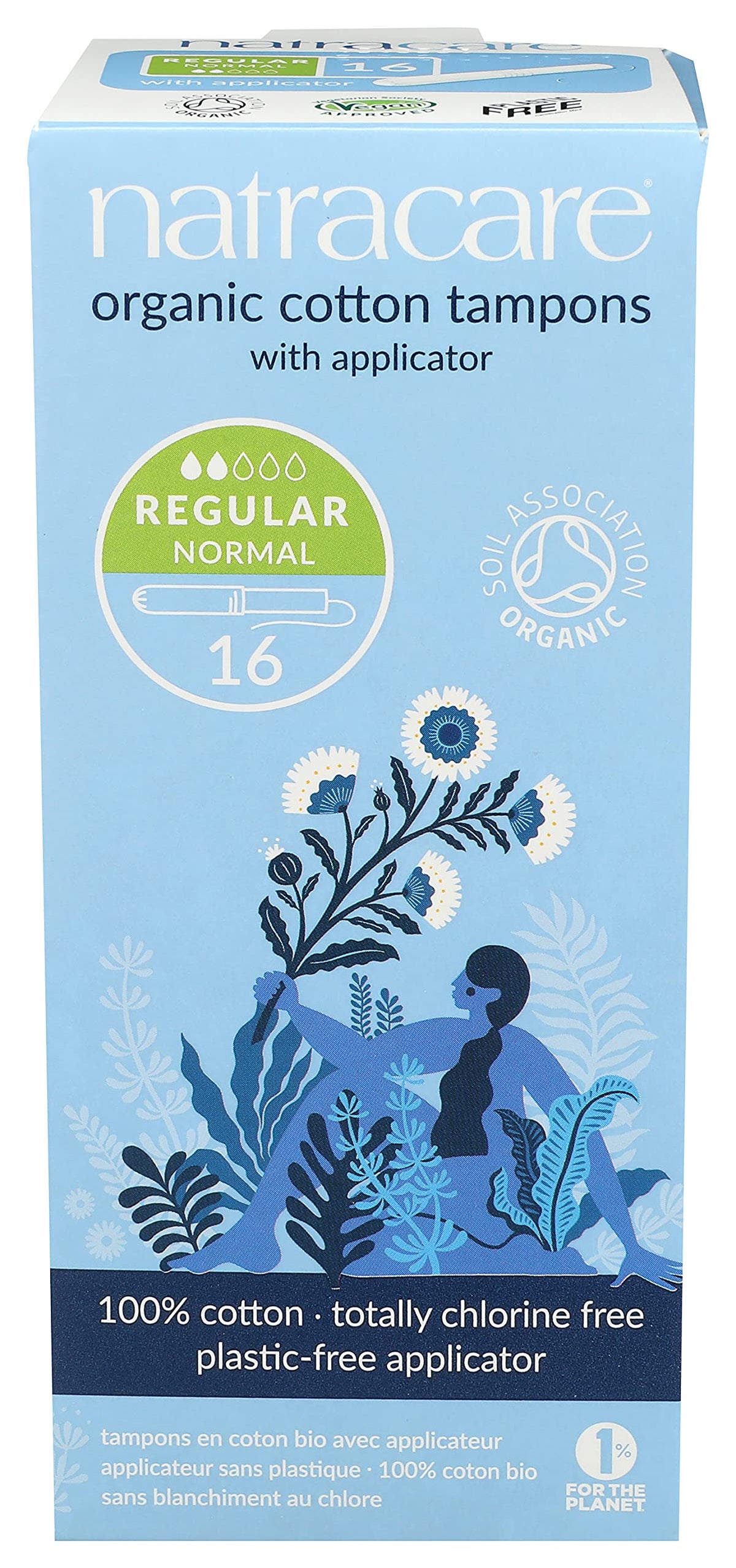 Natracare organic cotton tampons with cardboard applicator pack view for regular absorbency