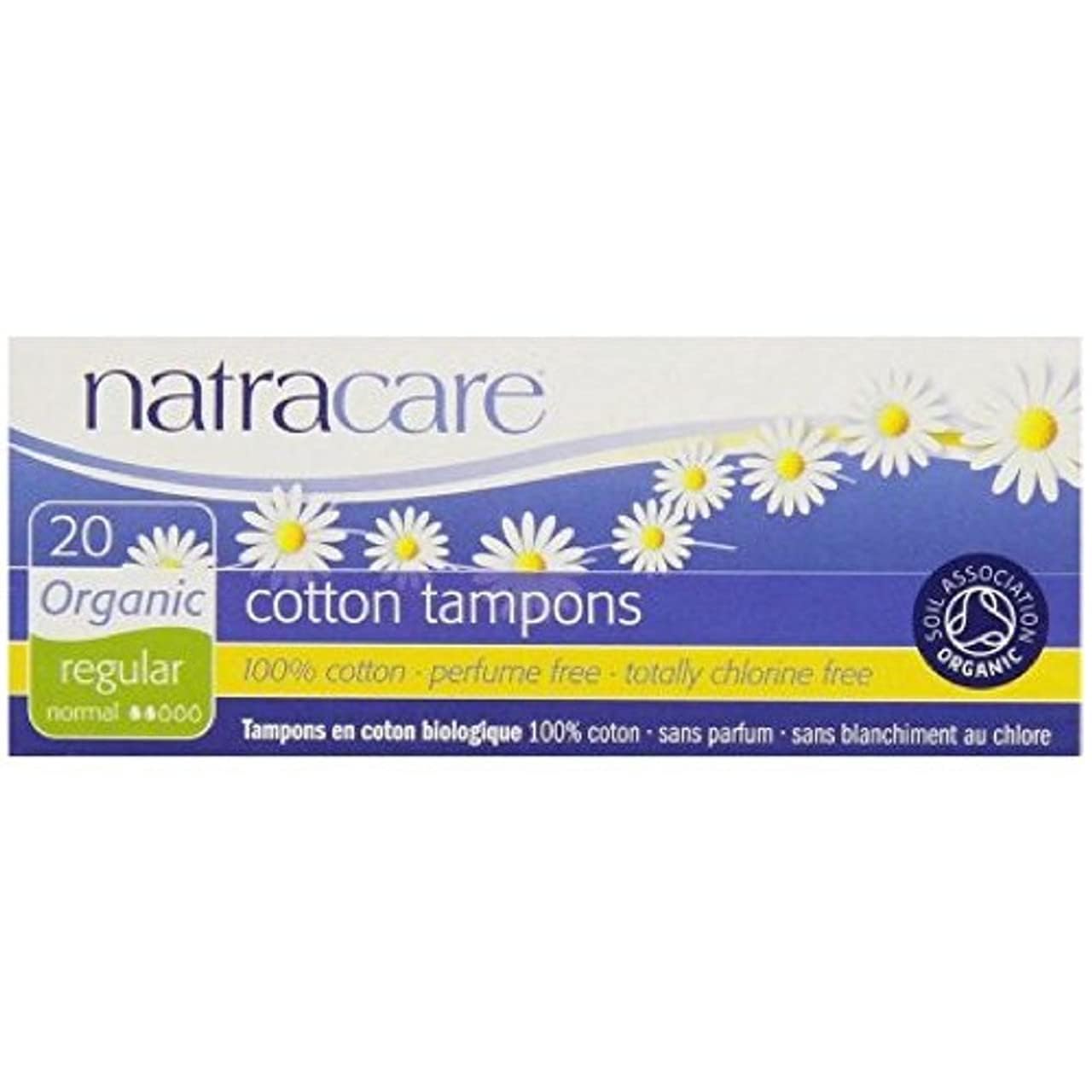 Natracare Organic Regular Tampons close-up shows a smooth rounded tip for comfortable insertion.