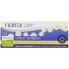 Natracare Organic Regular Tampons close-up shows a smooth rounded tip for comfortable insertion.