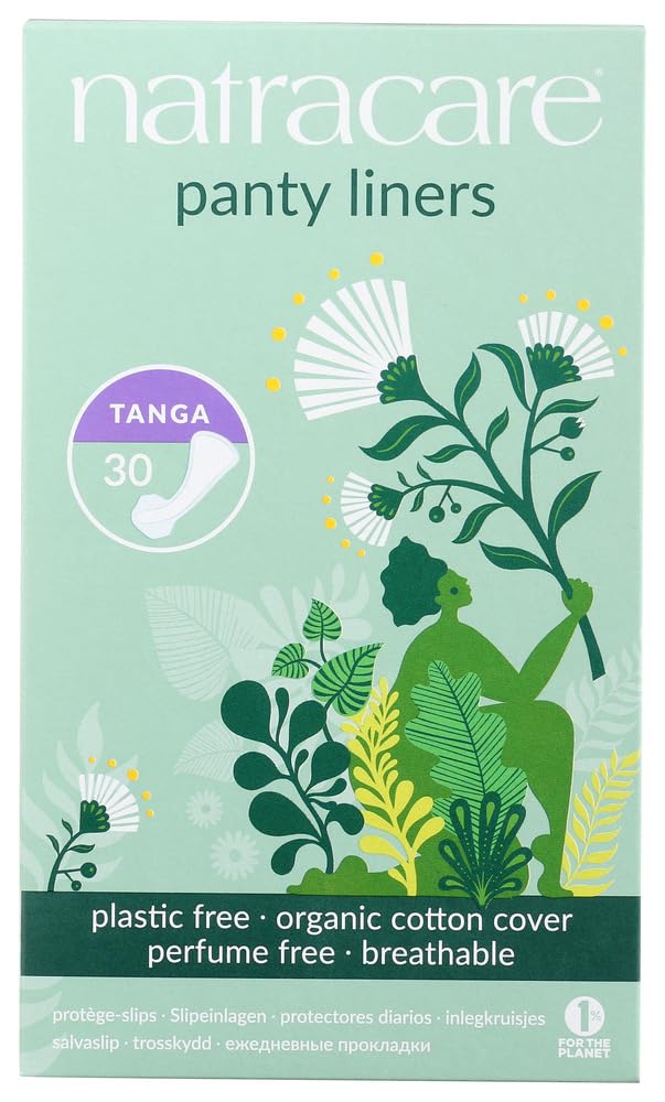 Natracare organic tanga panty liner with wings for secure thong wear.