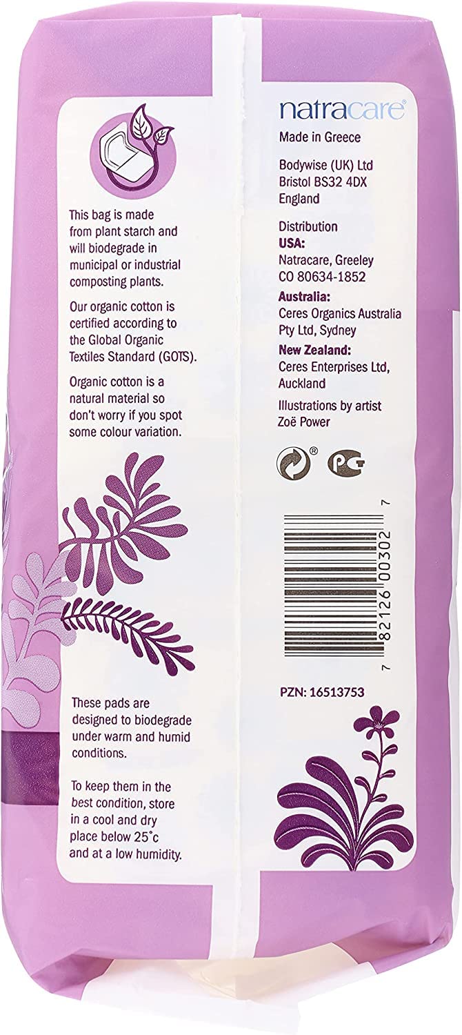 Natracare packaging emphasizes biodegradable materials for greener disposal.