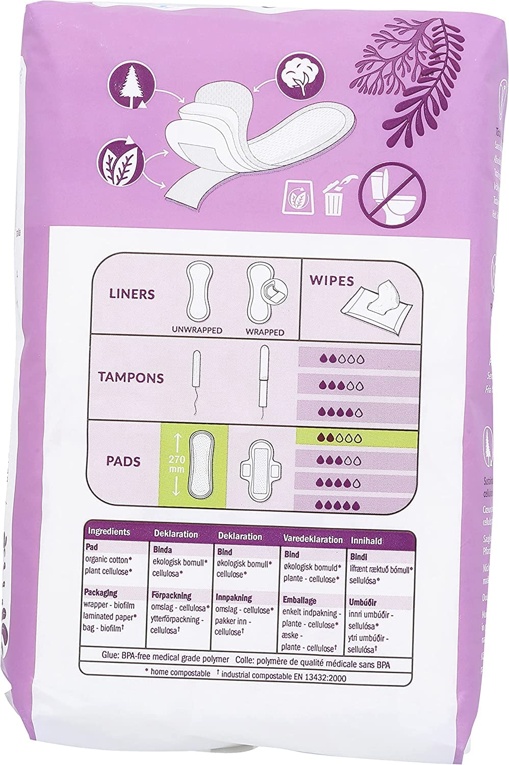 Natracare pads eco-label highlighting plastic-free and fragrance-free materials.