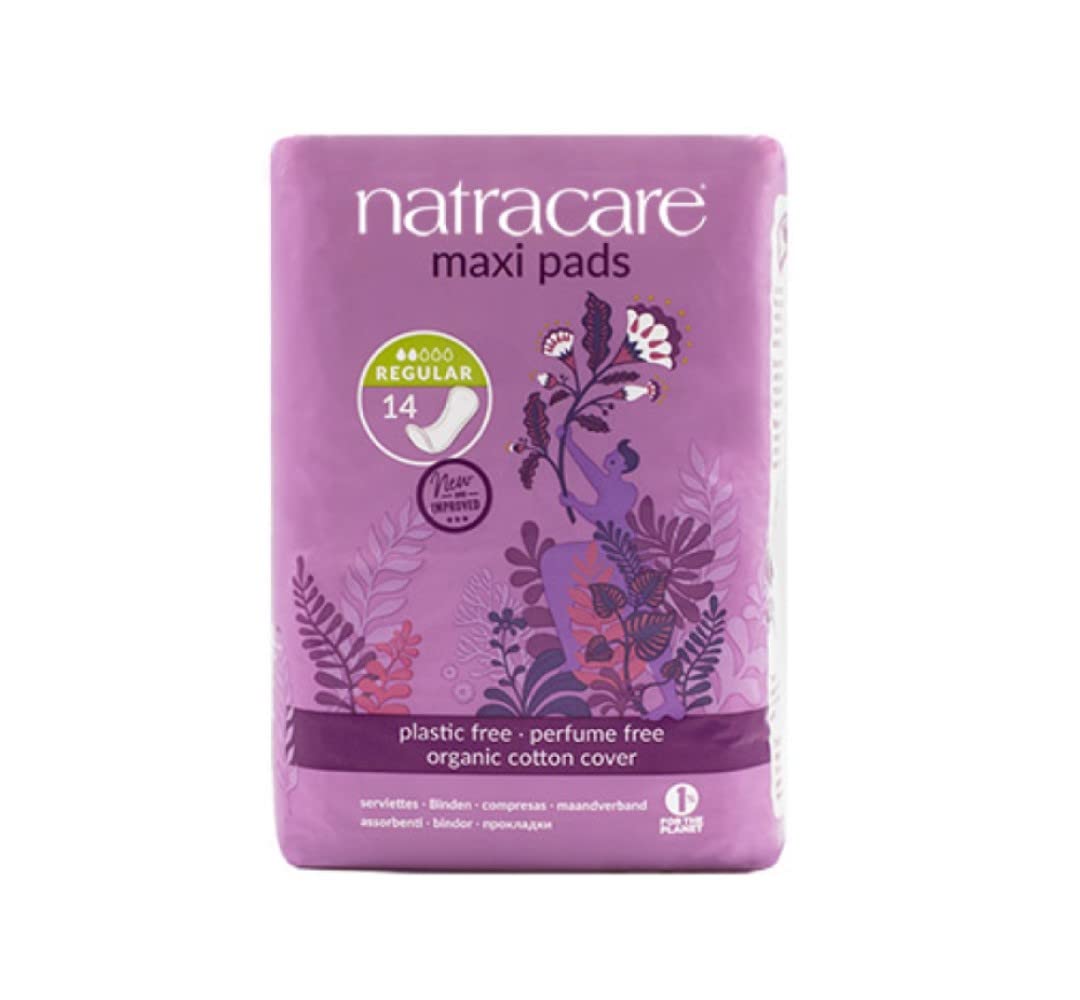 Natracare Maxi Regular pads in a six-pack box for convenient daily protection.