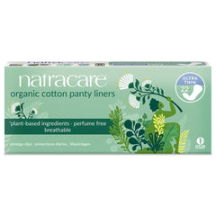Natracare panty liners cotton box-pack for daily wear, soft, chlorine-free and comfortable.