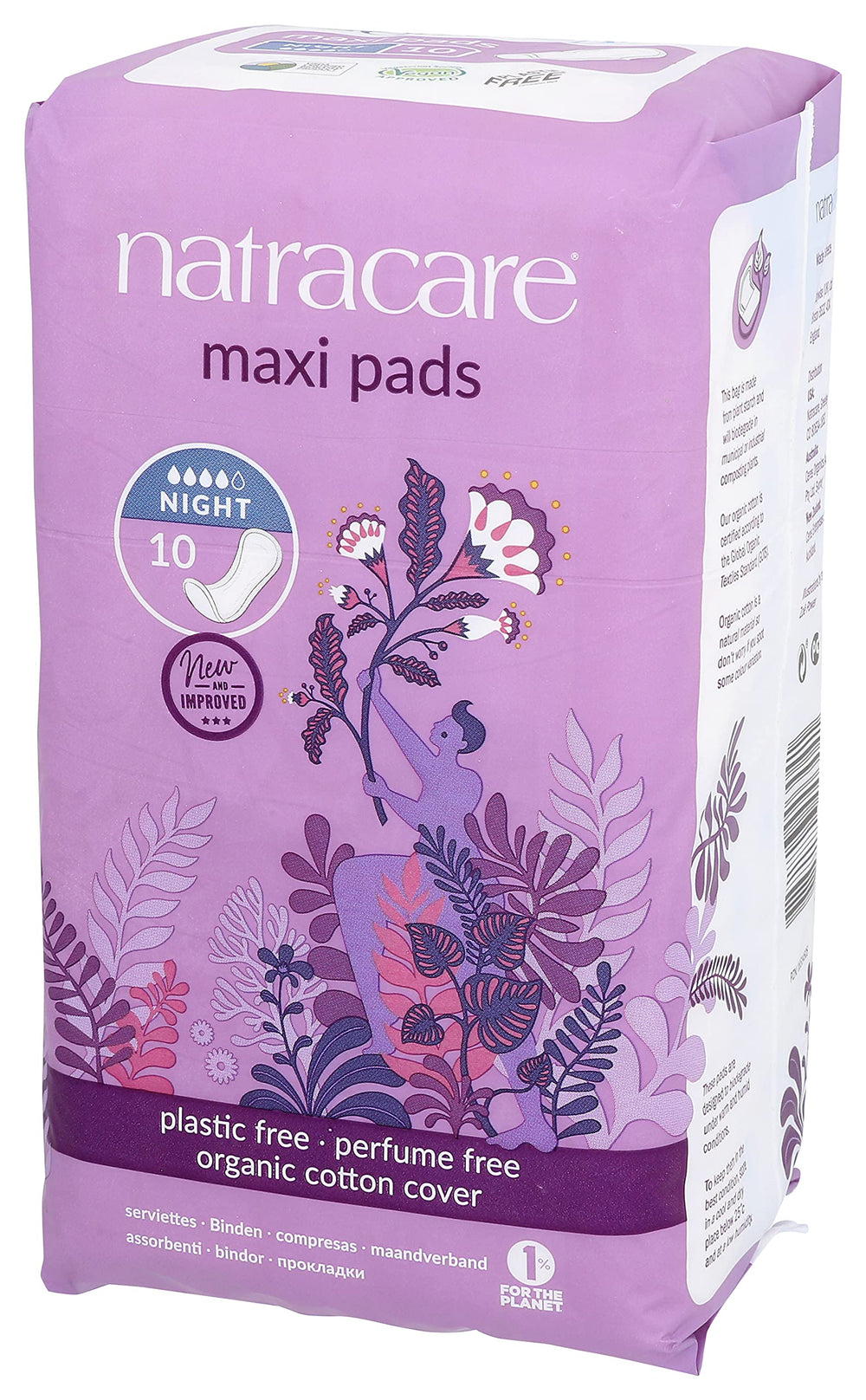 Natracare plant-based bag packaging emphasizes sustainable materials.