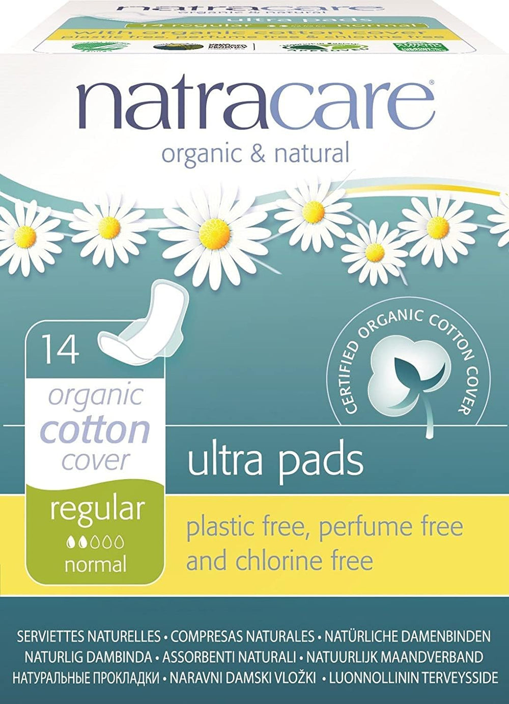 Natracare Regular Ultra Pad packaging shown, eco-friendly design for discreet daily protection.