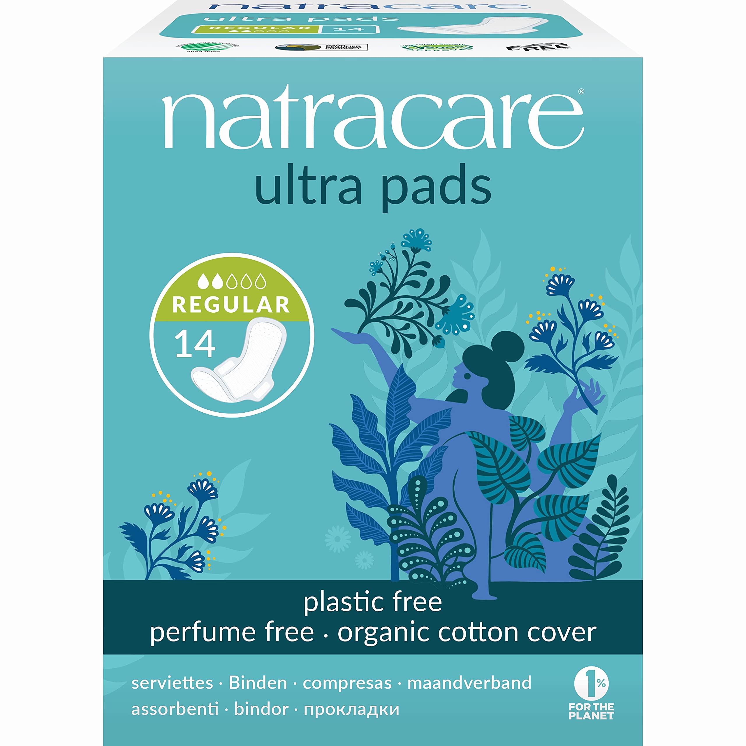 Natracare slim-fitting ultra pad with wings offers secure daytime protection.