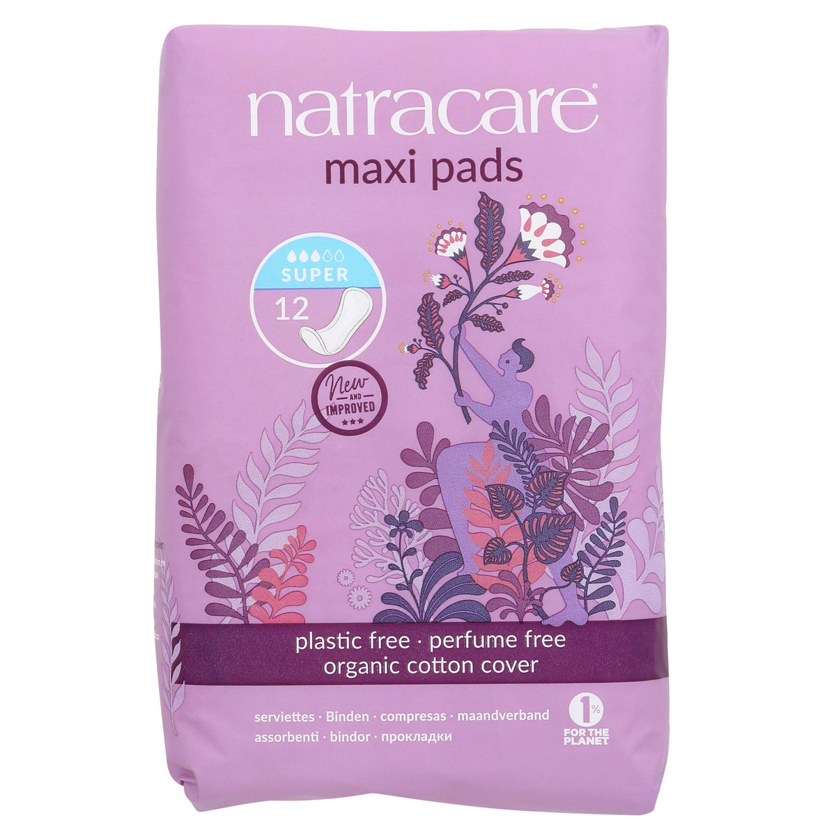 NATRACARE Super Pad 12ct with organic cotton cover for all-day dryness.