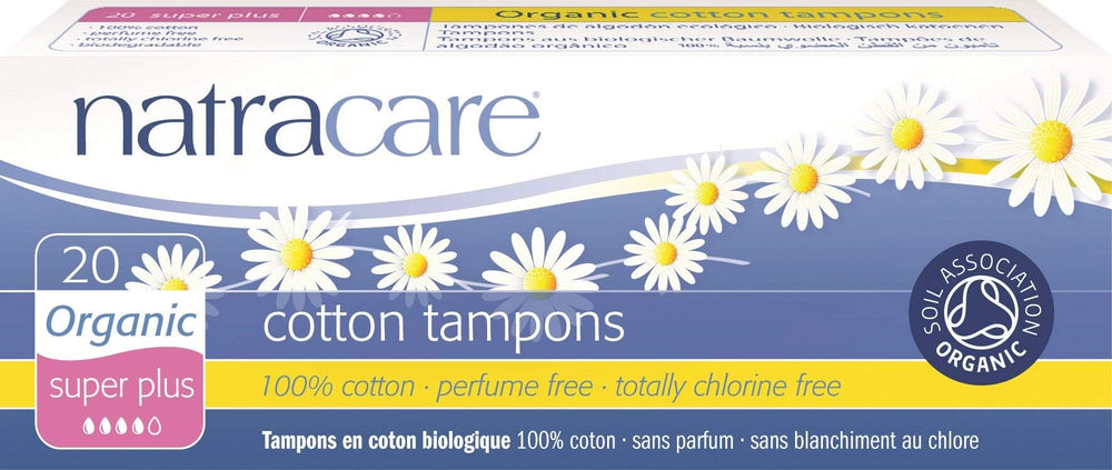 Natracare Organic Cotton Tampon Super Plus packaging showing eco-friendly materials.