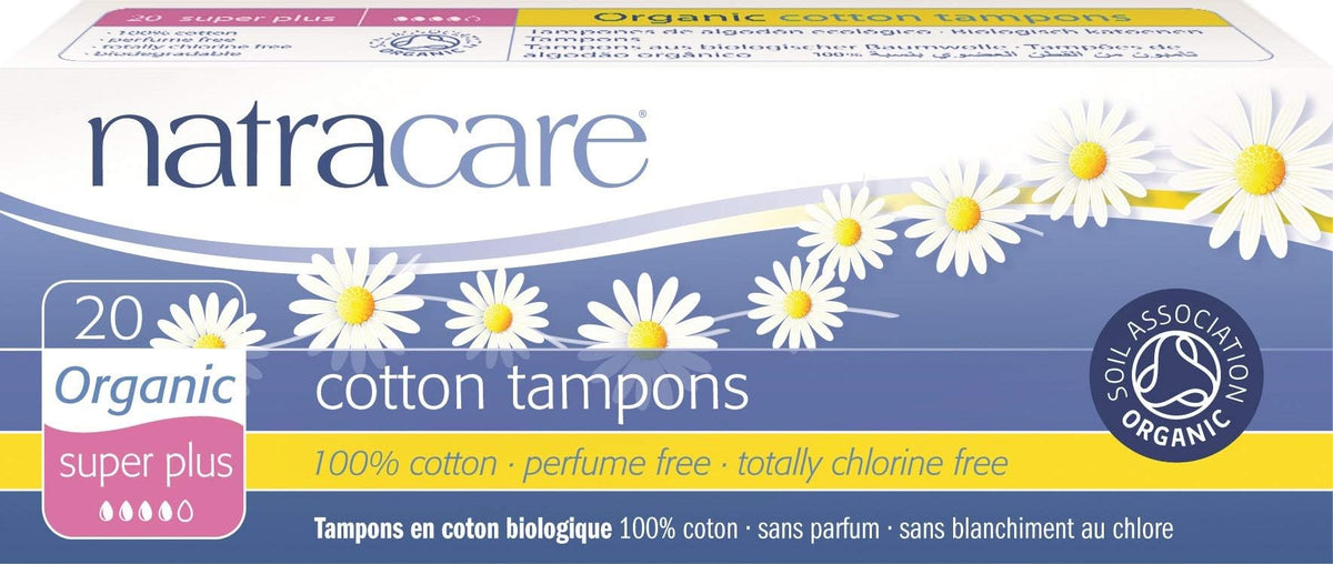 Natracare Organic Cotton Tampon Super Plus packaging showing eco-friendly materials.
