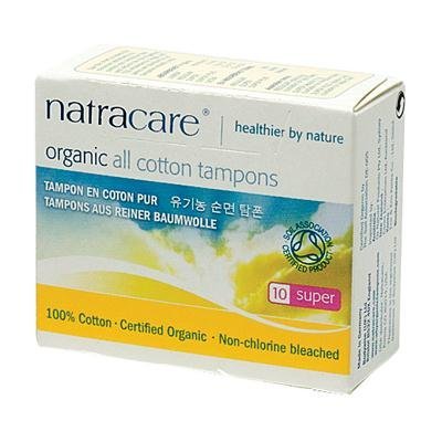Closeup of Natracare Tampons Super 10 Ct pack for discreet daily use