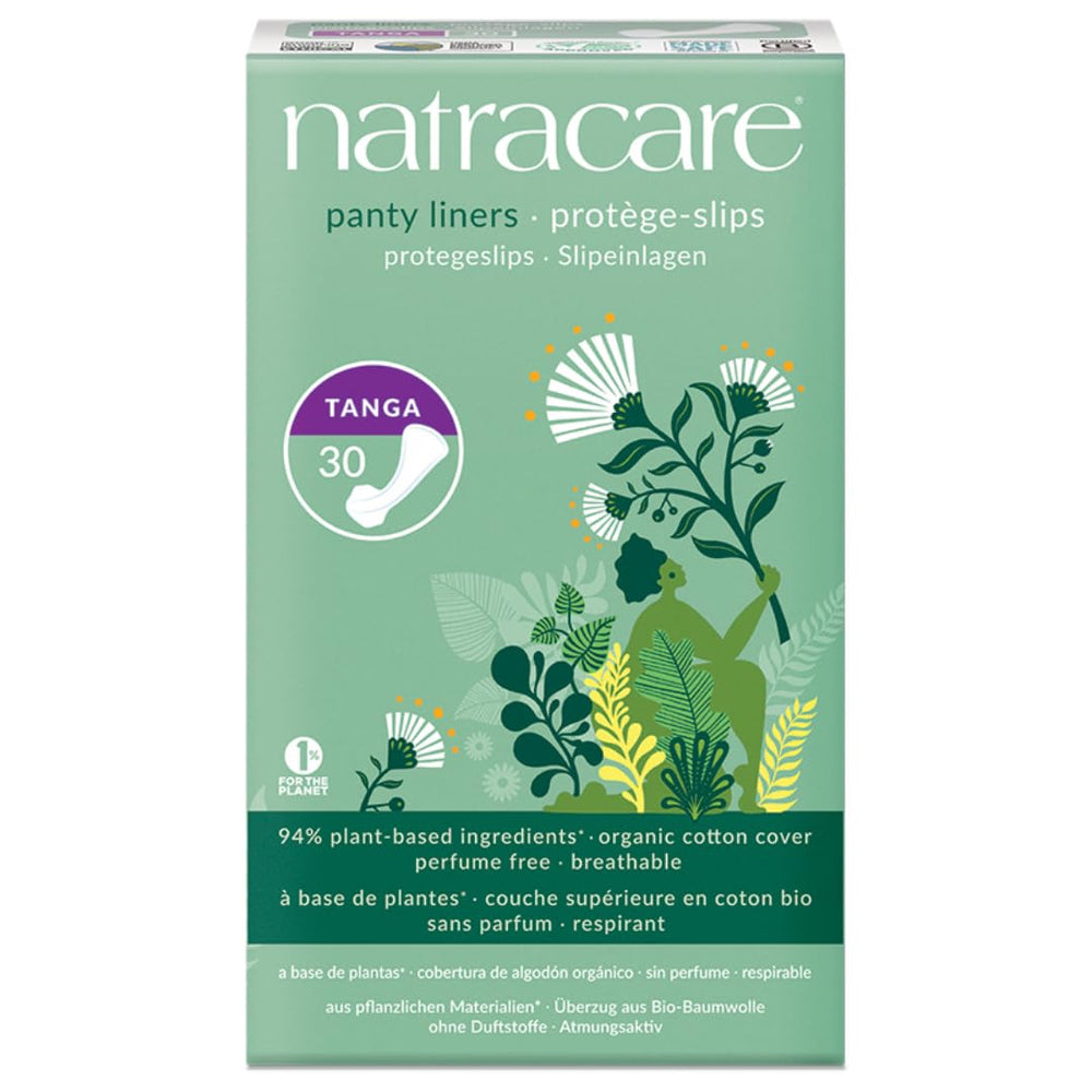 Natracare thong-style panty liner with organic cotton cover for sensitive skin and daily comfort.