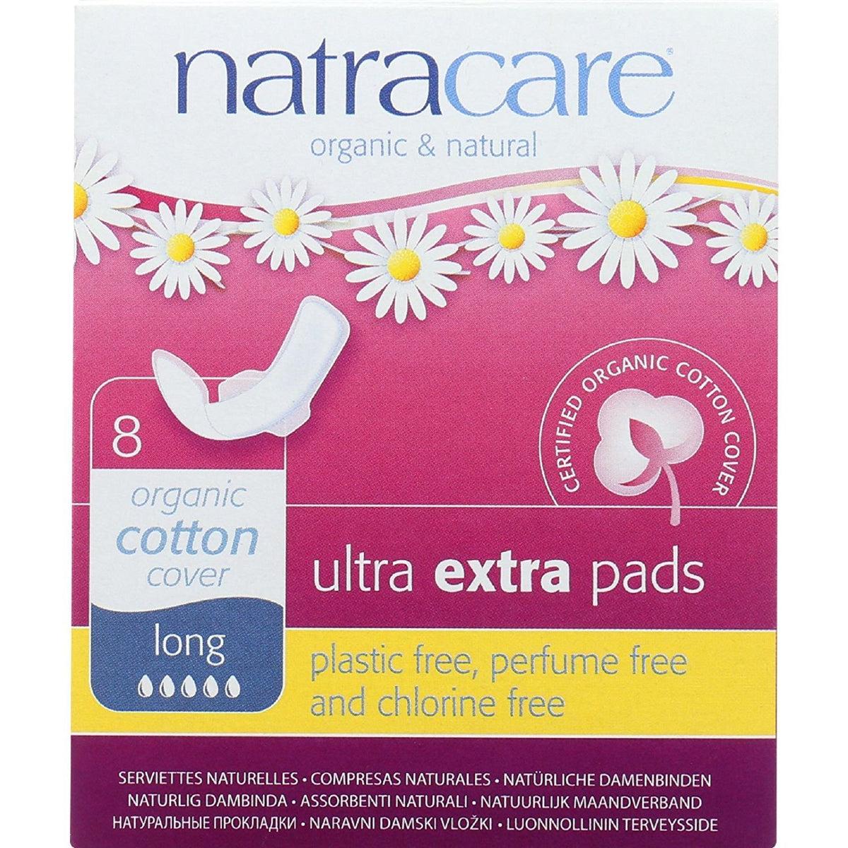 Natracare Ultra Extra Pads with Wings long pack provide comfortable overnight protection for sensitive skin.