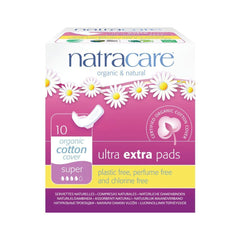 Natracare Ultra Extra pads with wings in packaging, plastic-free and plant-based protection.