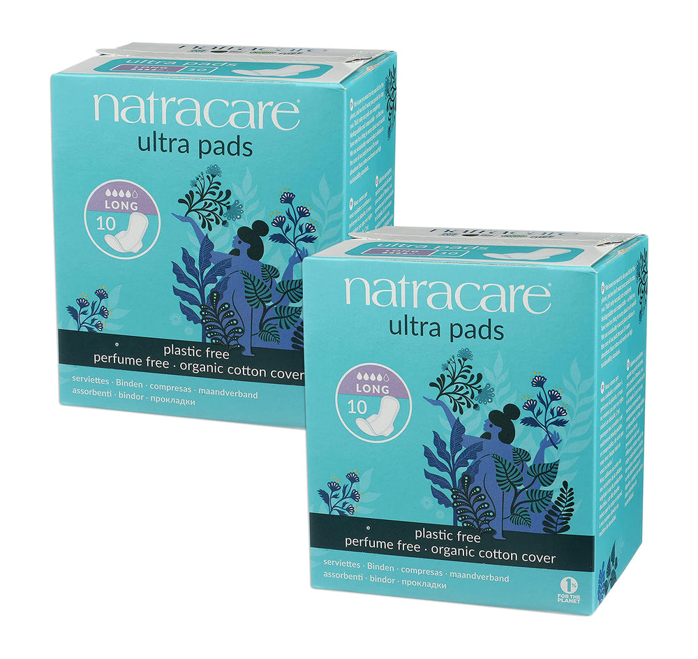Natracare ultra long pads with wings shown outside the wrapper for easy inspection.