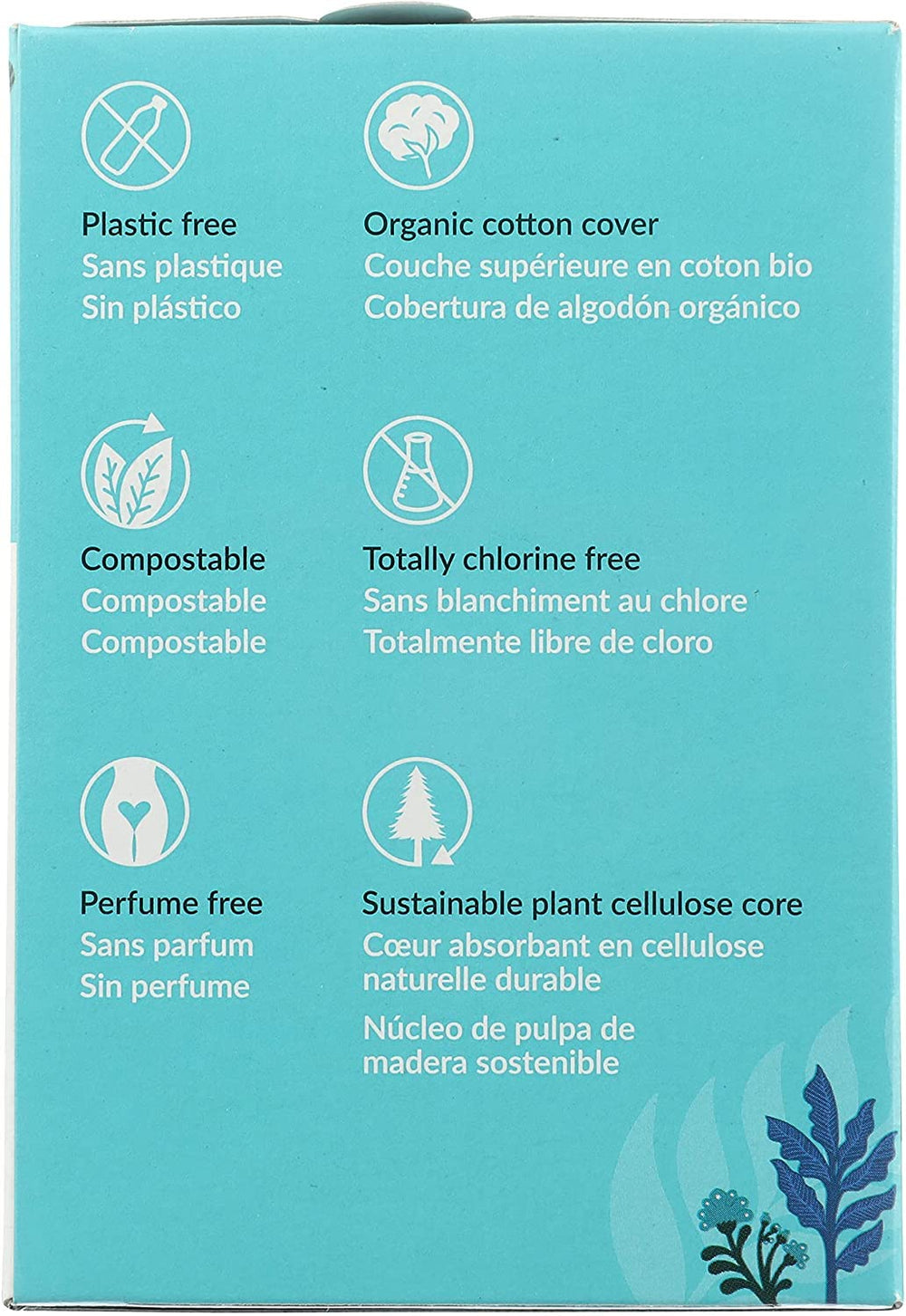 Natracare vegan pad packaging emphasizes ethical, cruelty-free care.