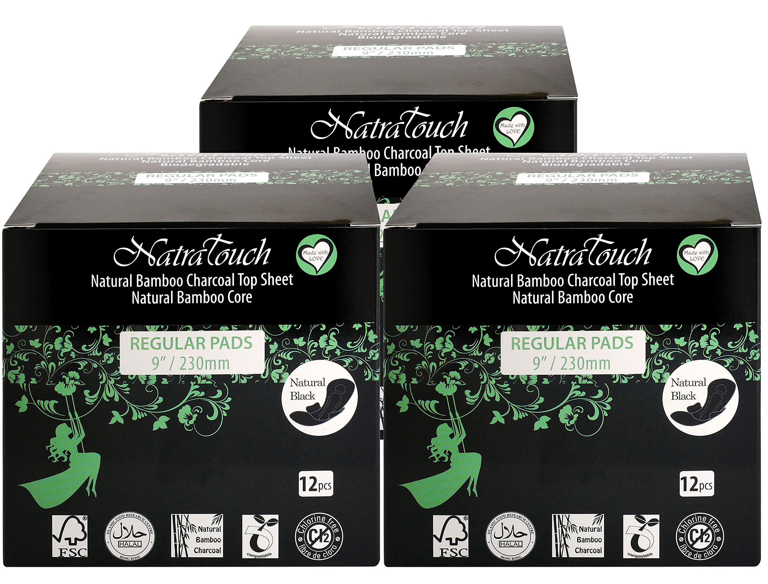 Natratouch compostable bamboo charcoal regular pad in packaging, eco-friendly choice for daily use.