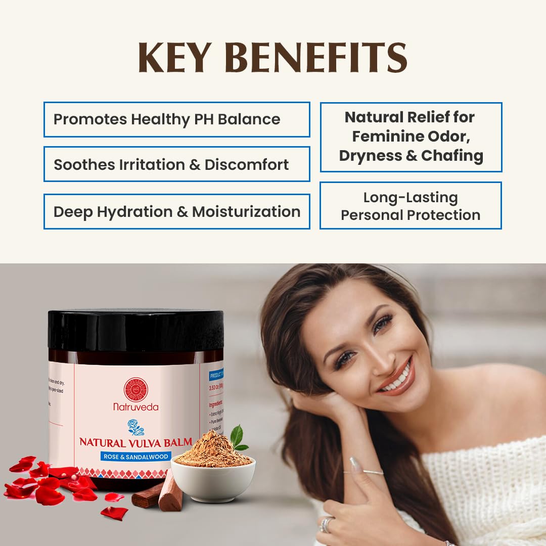 Natruveda Vulva Balm ingredients: virgin coconut oil, jojoba, and almond oils nourish sensitive skin.