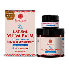 Natruveda Vulva Balm bottle with rose and sandalwood for intimate care and hydration.