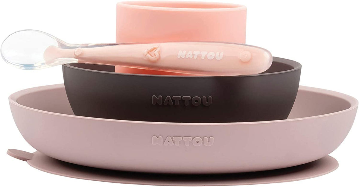 Nattou silicone plate pink with raised rim for mess-free meals