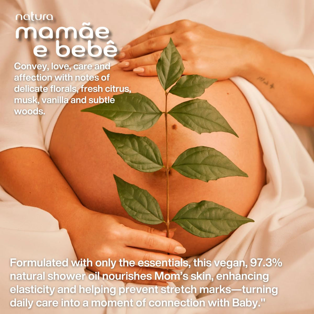Natura Mom & Baby shower oil being applied to demonstrate circular massage.