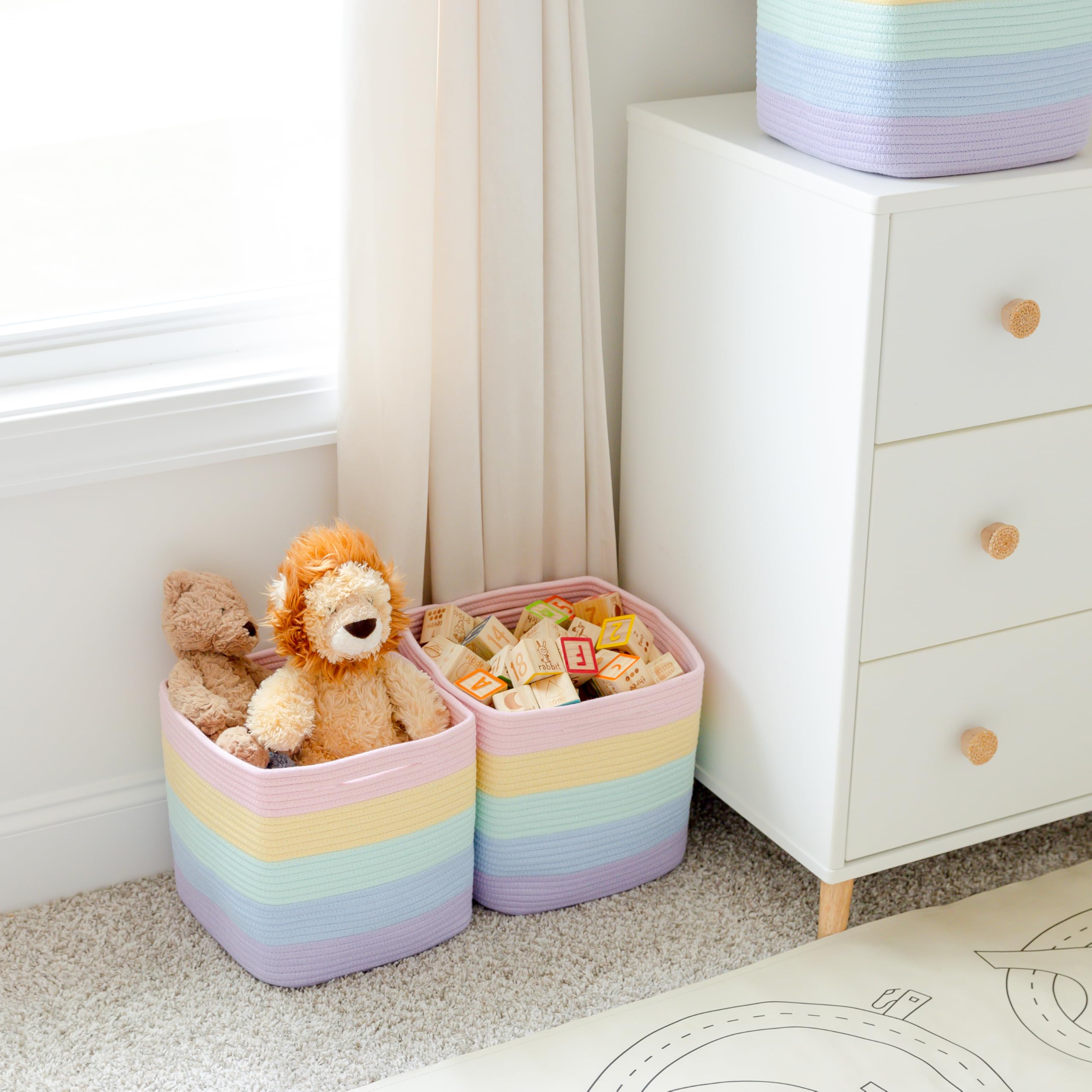 NaturalCozy 11-inch cotton rope cubes used for classroom storage and organization
