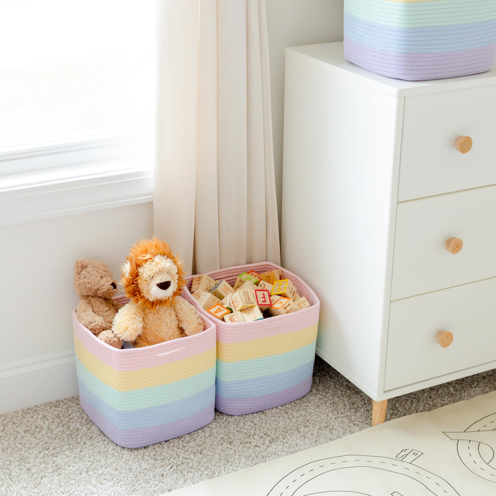 NaturalCozy 11-inch cotton rope cubes used for classroom storage and organization