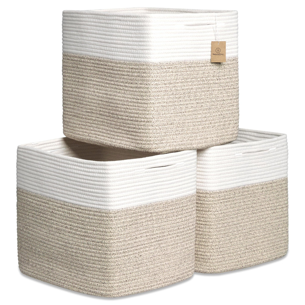 NaturalCozy Kallax bins 13x15x13 pack on a shelf for neat storage
