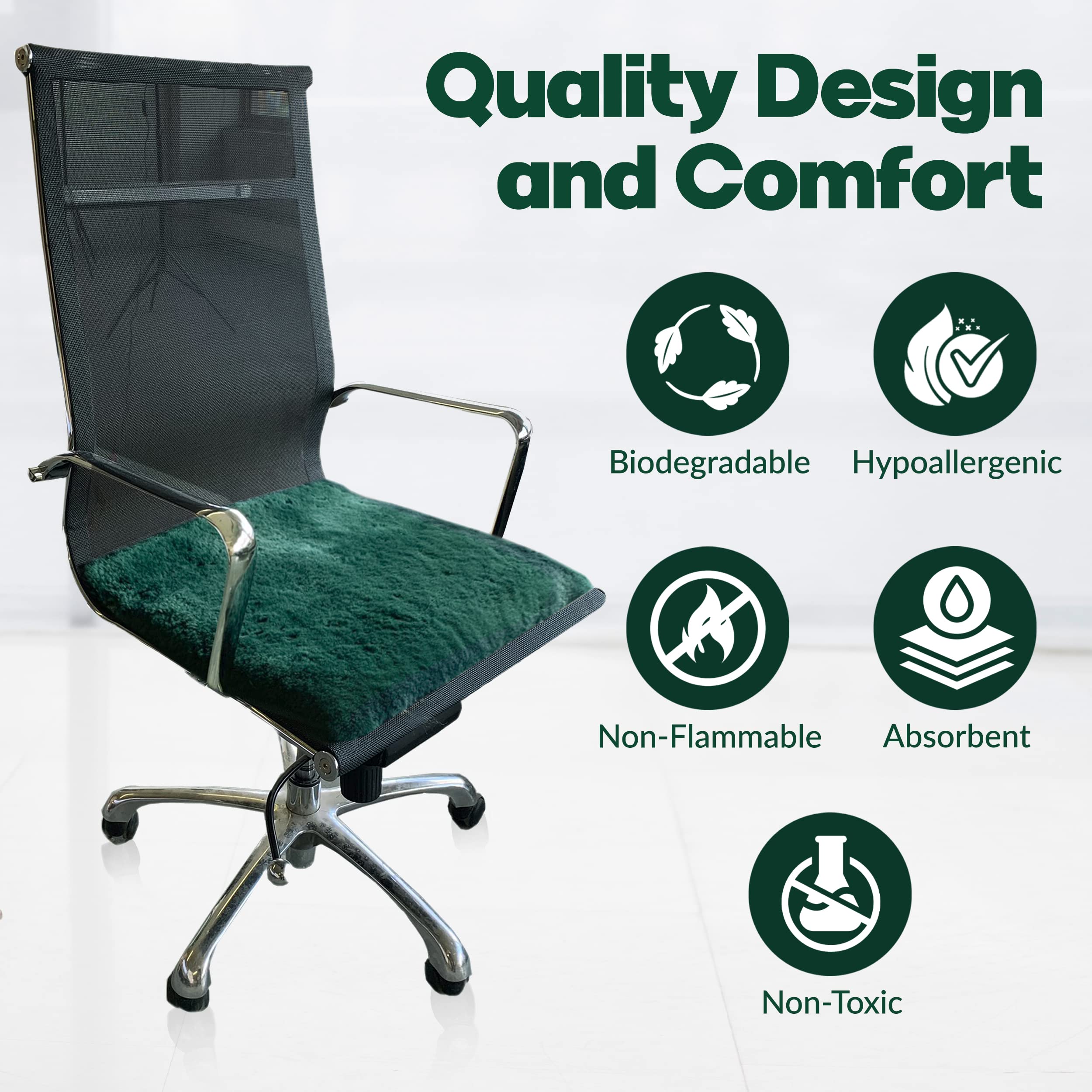 Office chair setup with emerald sheepskin pad for extended comfort