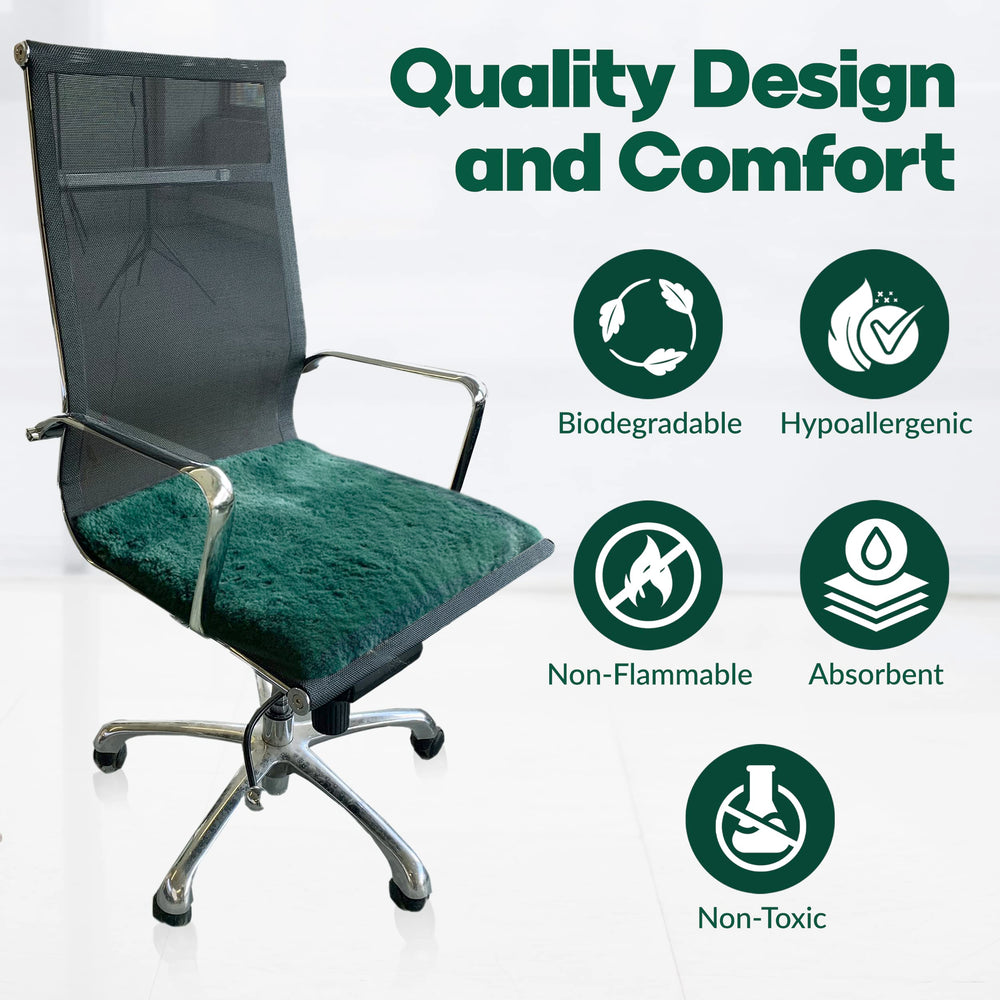 Office chair setup with emerald sheepskin pad for extended comfort