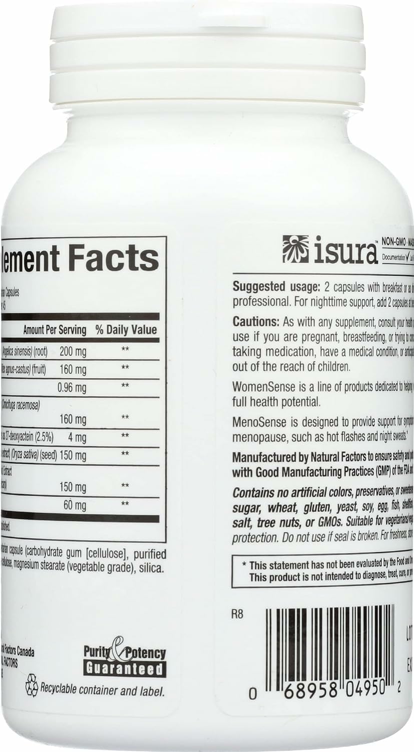 Natural Factors MenoSense Veg-Capsules serving size illustration with 1 capsule for flexible dosing.