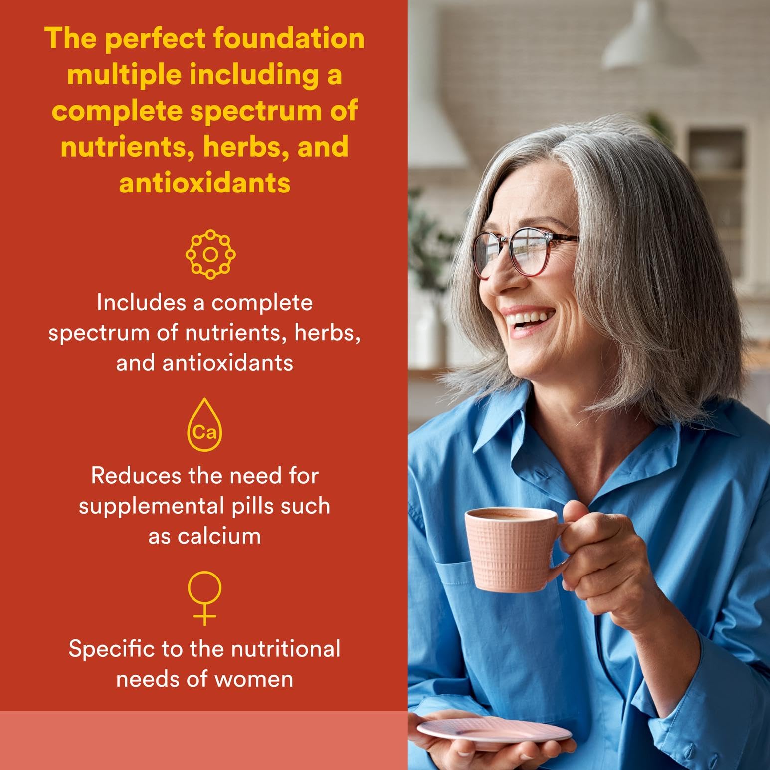Natural Factors Women's Plus MultiStart bottle side highlighting serving size and daily routine.