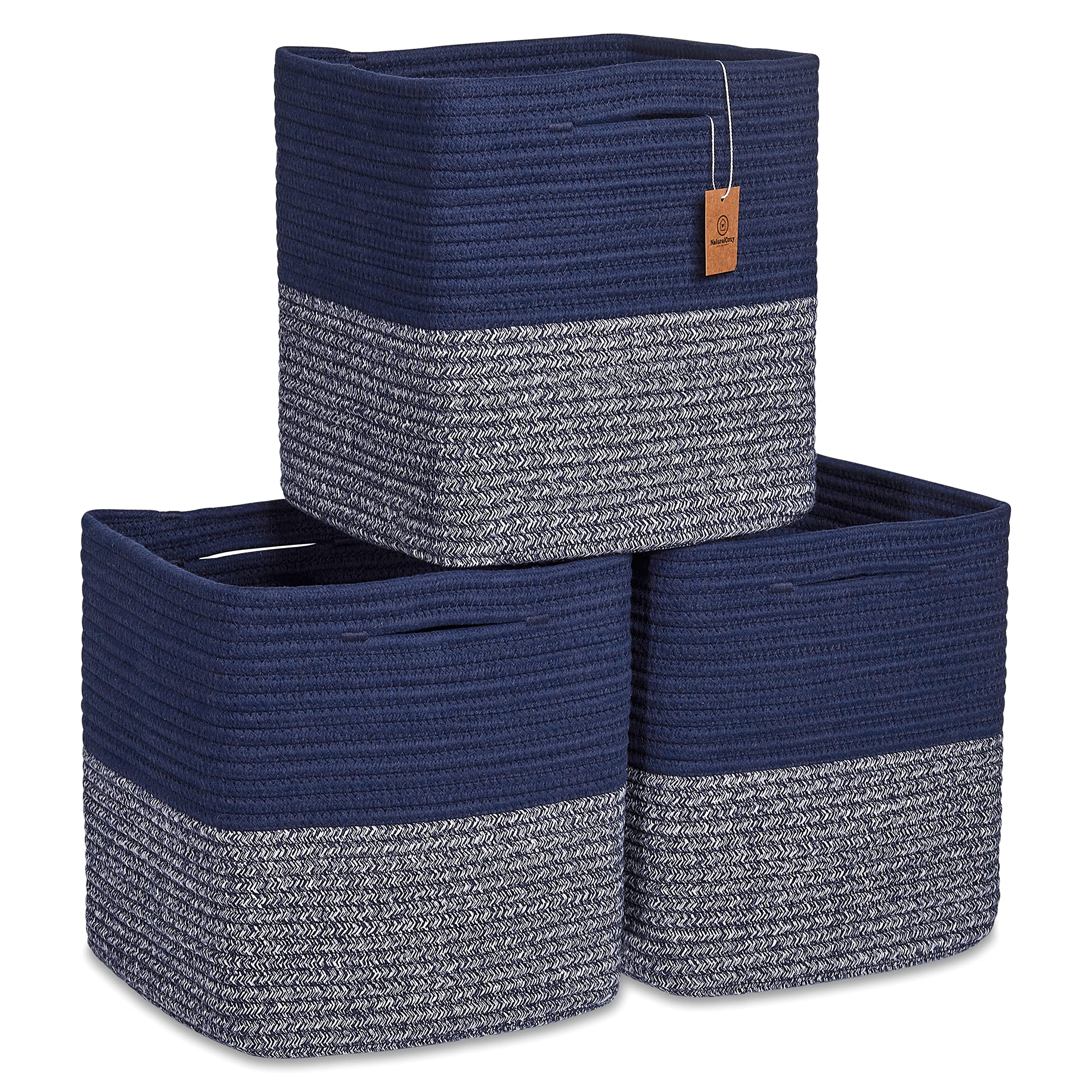 NaturalCozy 11-inch cotton rope storage cube front view, ideal for neat shelves.
