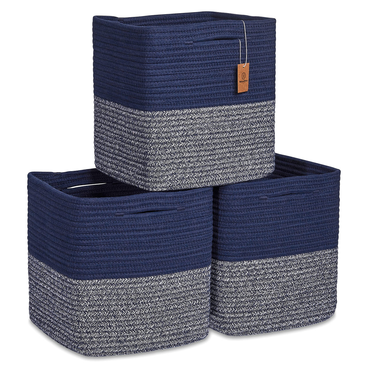 NaturalCozy 11-inch cotton rope storage cube front view, ideal for neat shelves.