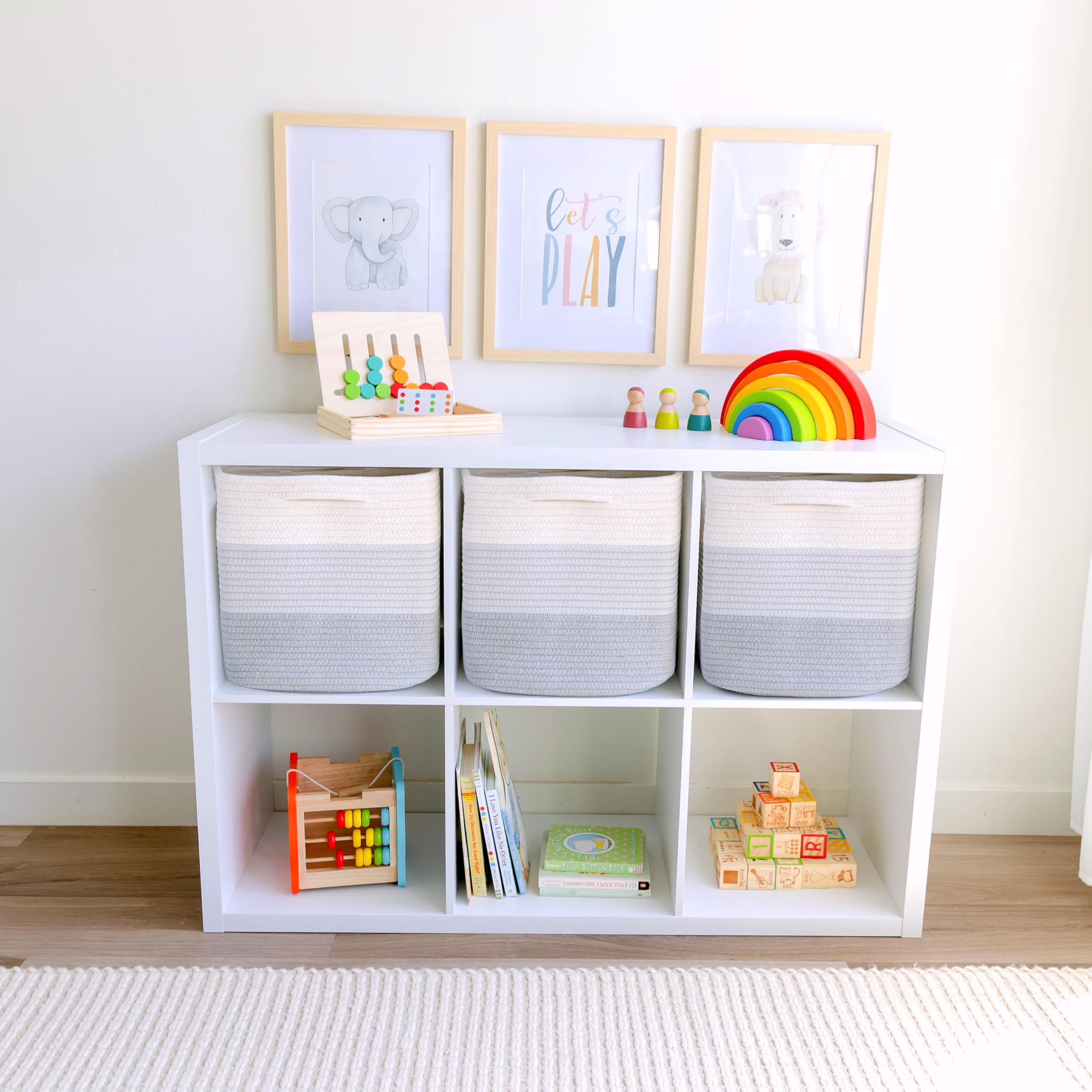 NaturalCozy 13x13 storage cubes maximize space on shelves.
