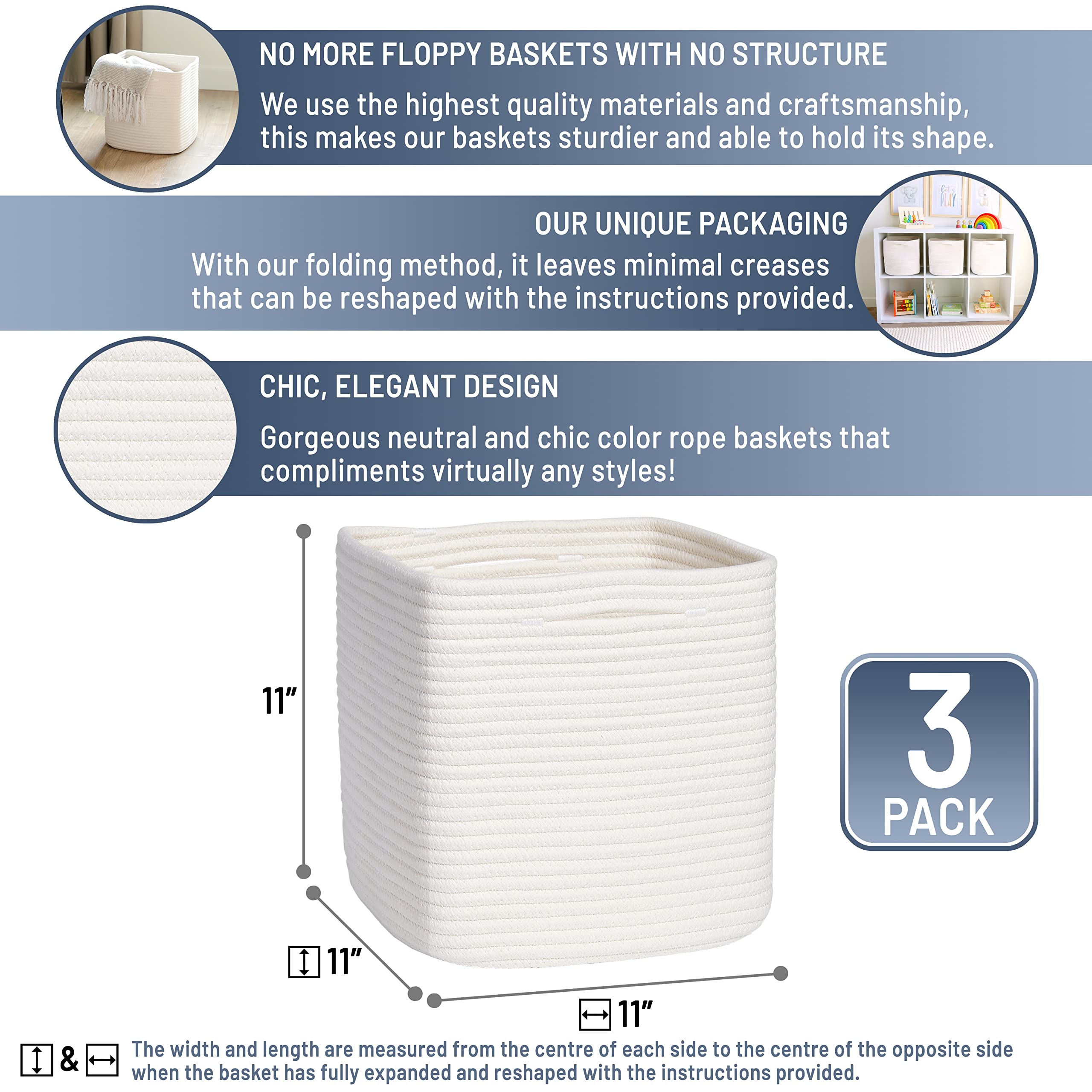 NaturalCozy three-pack square storage bins ideal for shelf organization.