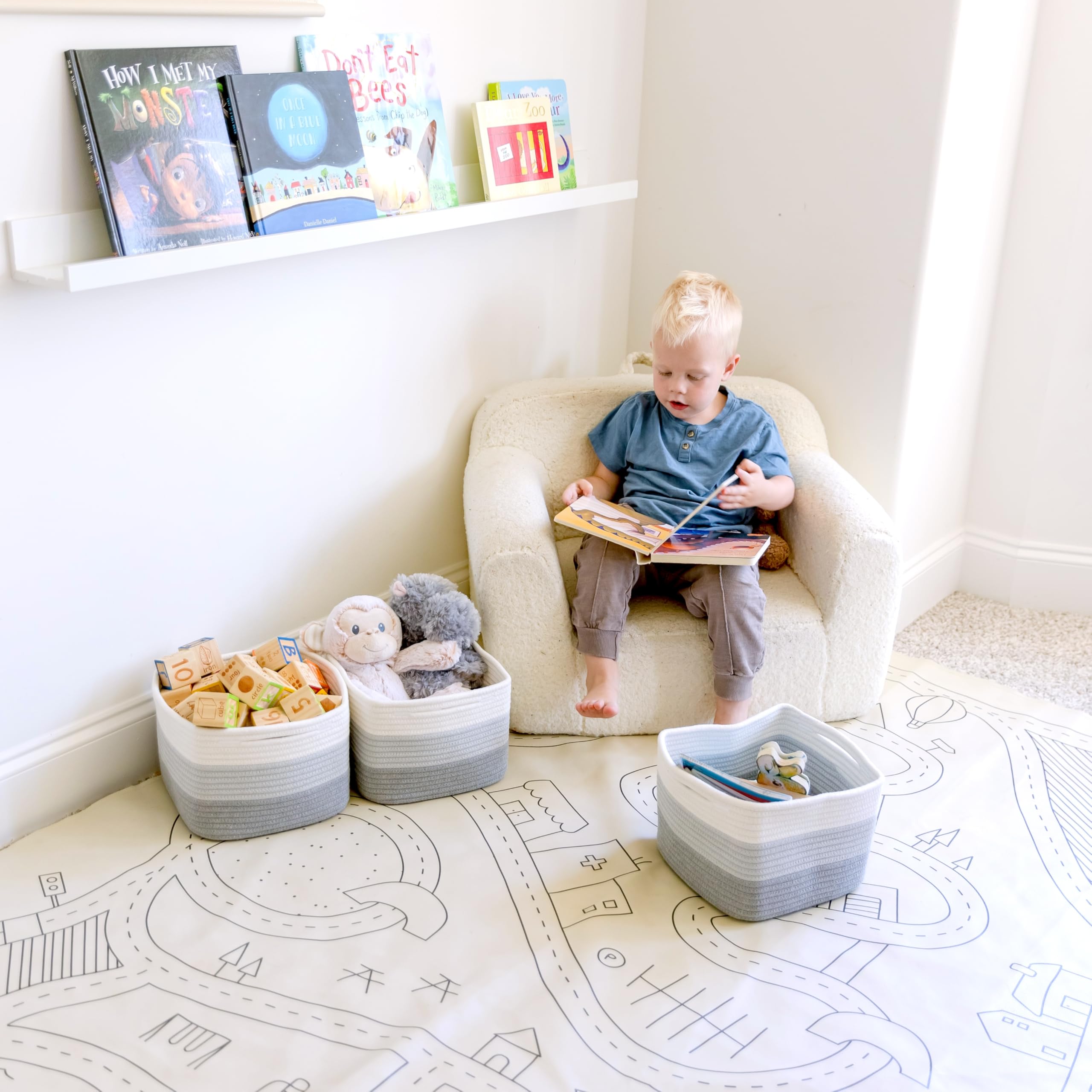 NaturalCozy 9x9x7 cotton rope storage cubes used in a nursery for toys