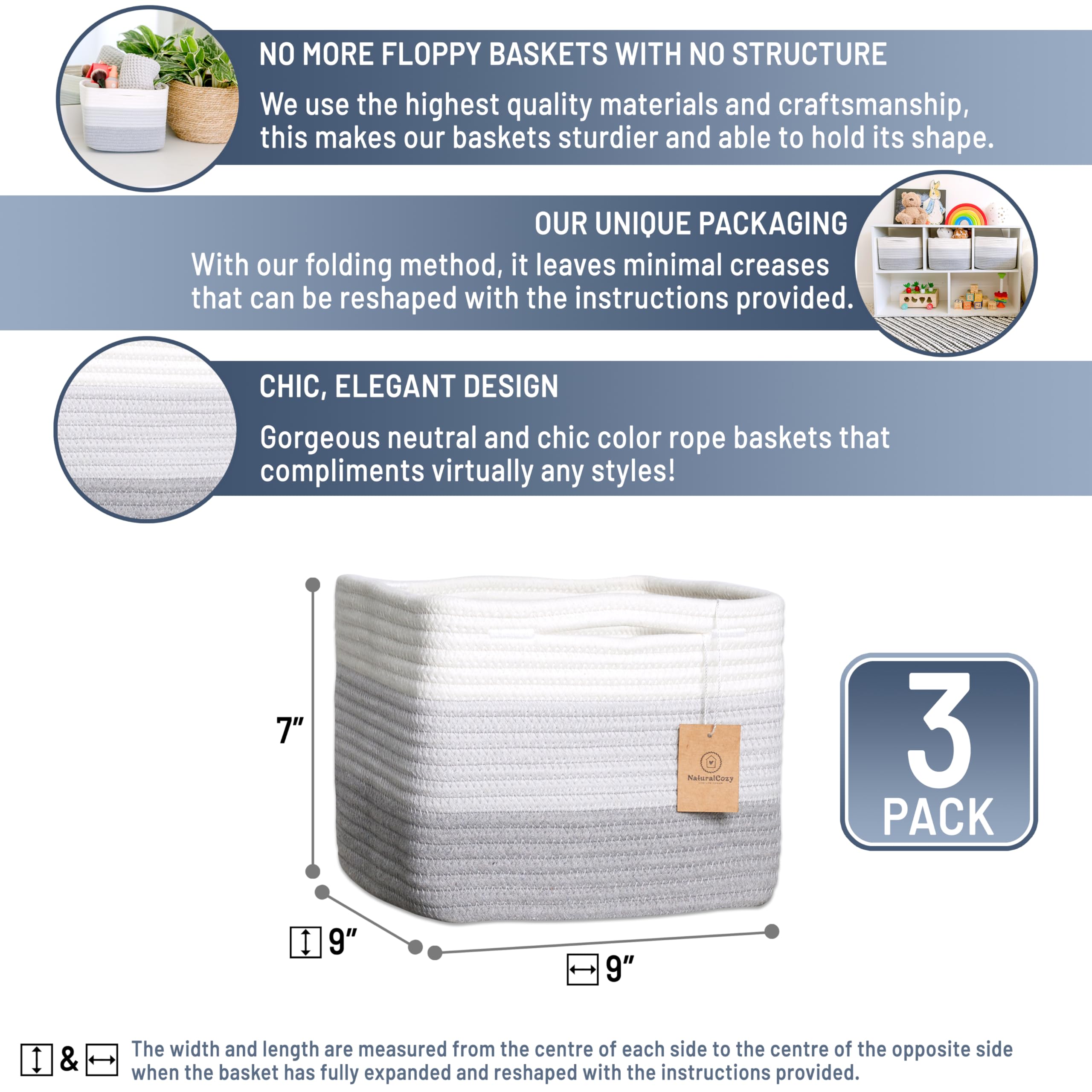 NaturalCozy 9x9x7 cotton rope storage cubes on shelf for tidy organization