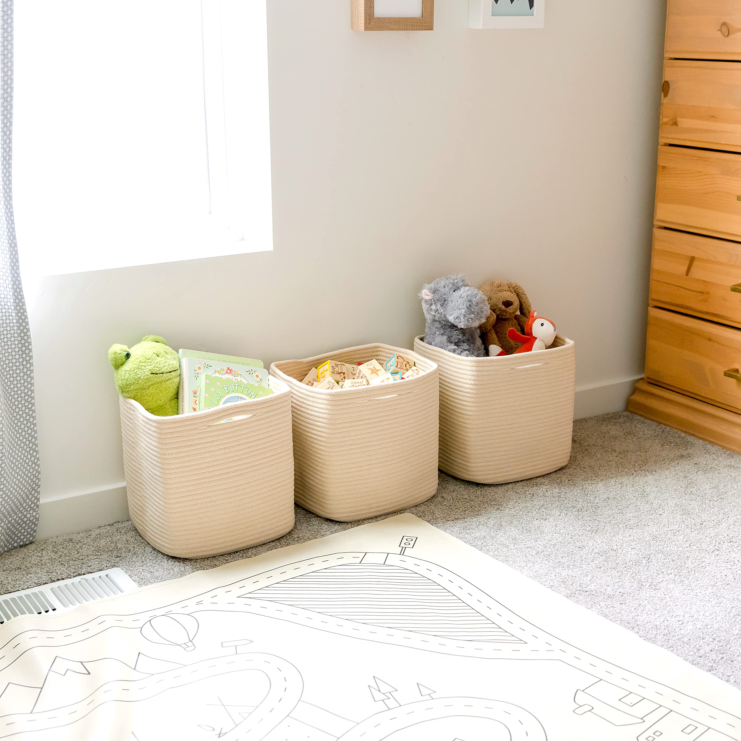 NaturalCozy basket on a kid-friendly shelf demonstrates compact storage.