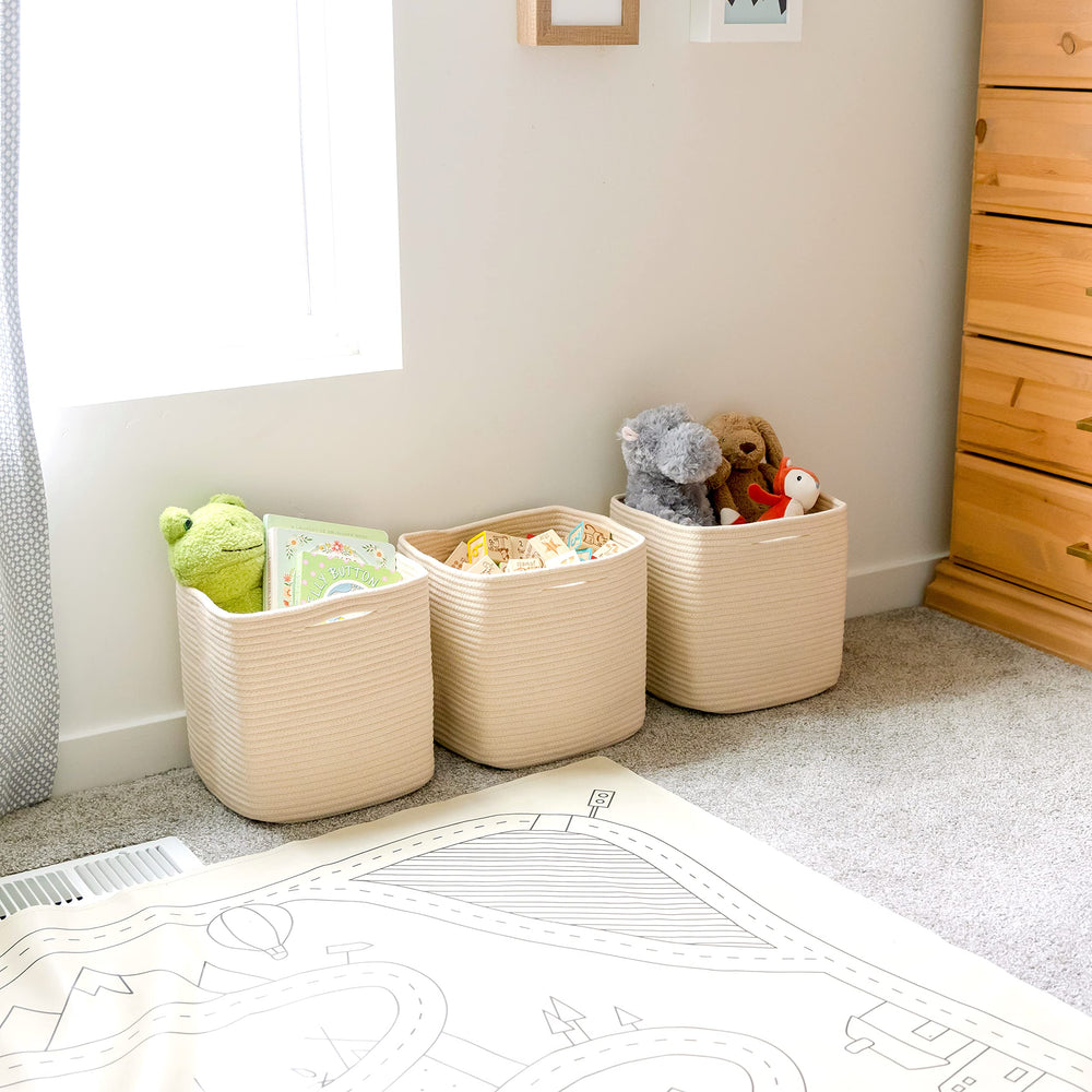 NaturalCozy basket on a kid-friendly shelf demonstrates compact storage.