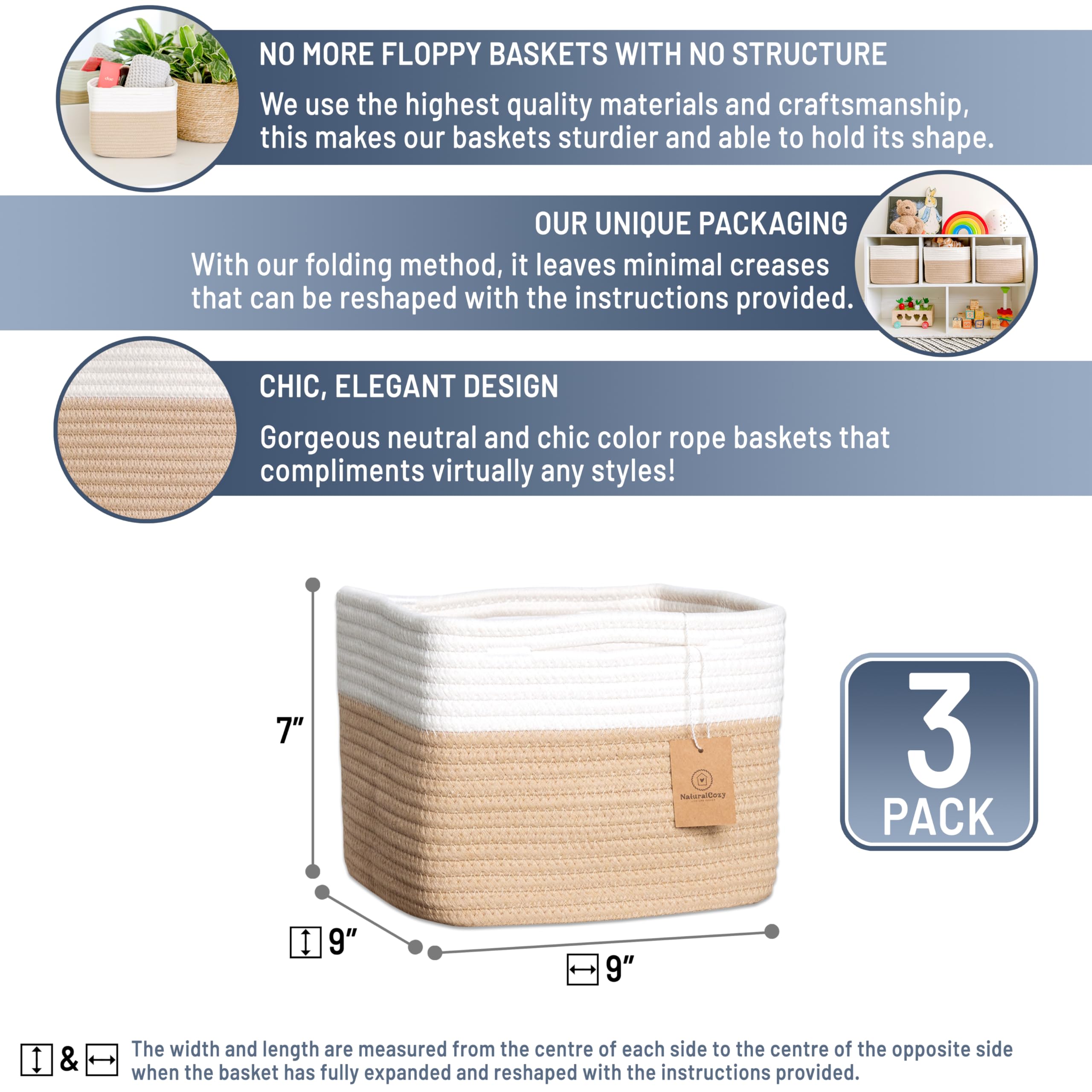 NaturalCozy basket with folded-structure design keeps its shape.