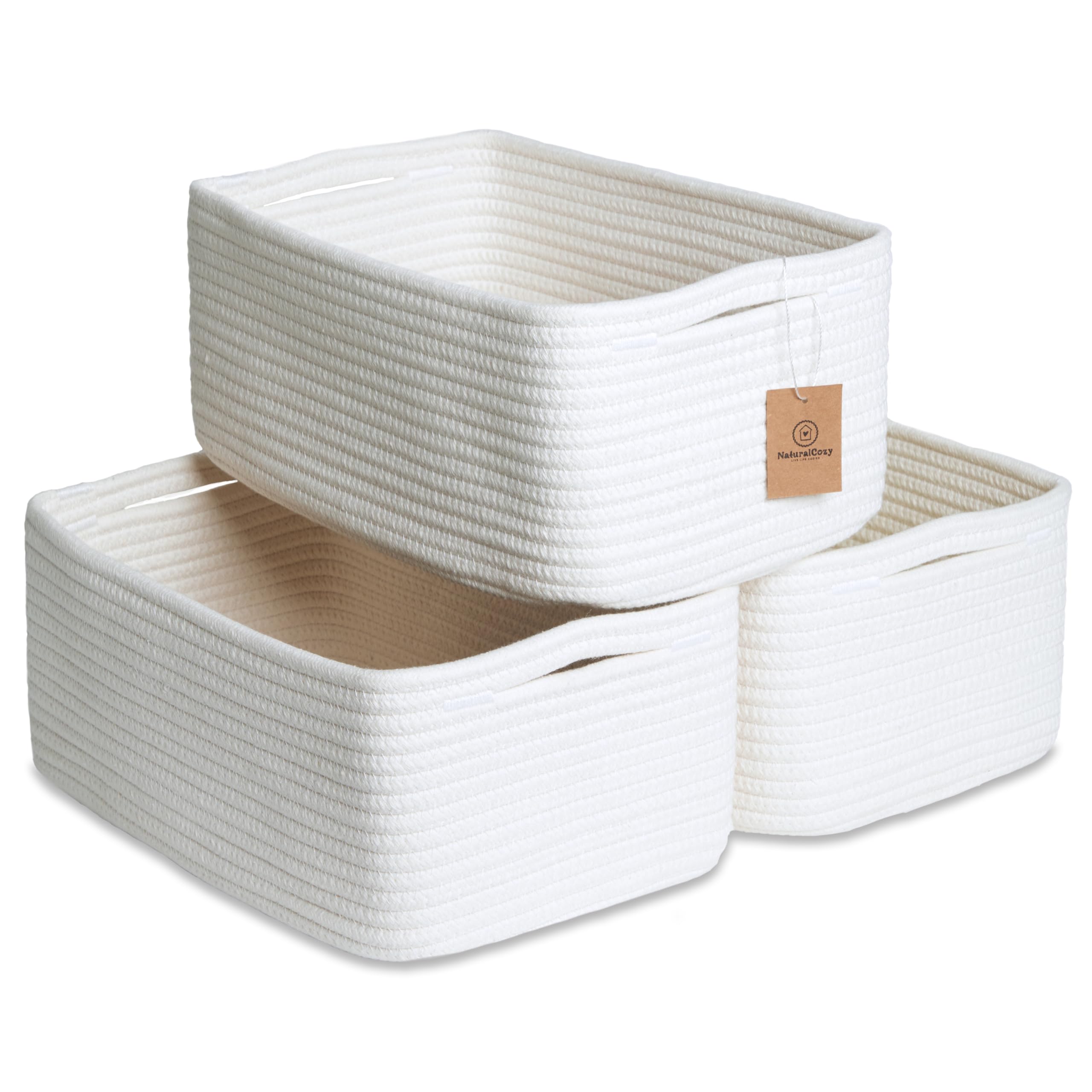NaturalCozy basket set on a shelf offers neat, accessible storage.