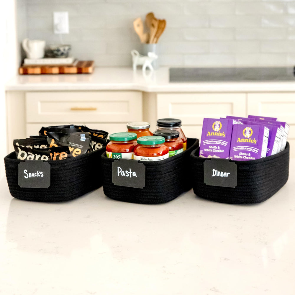 NaturalCozy basket storage bathroom towels neatly corralled on a shelf.
